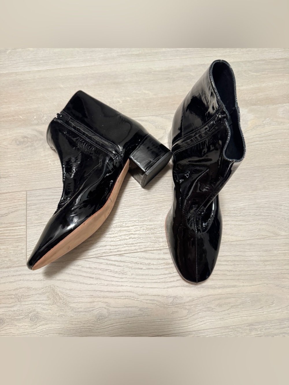 Loeffler Randall black patent Leather Block Heel Bootie Ankle Boots Size 8.5